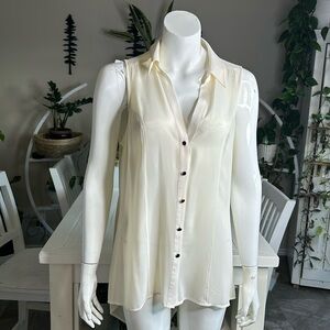 Arden B high low blouse, sleeveless V-neck, black buttons, sheer and sexy L